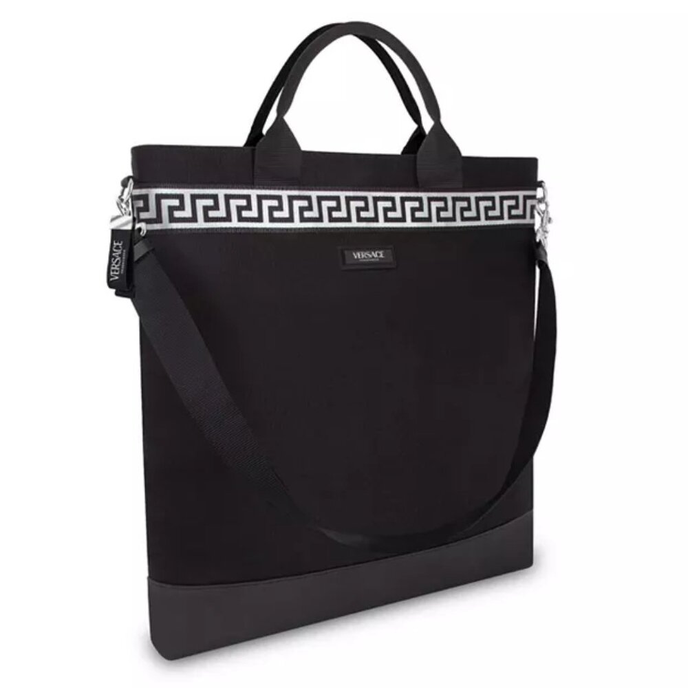 Versace Fragrances 2-Way Tote/Crossbody Bag – Black Canvas & Leather 16.5x15.5"